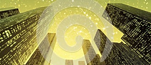 Futuristic City Skyline with Digital Code Illuminating Buildings at Night