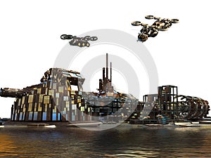 Futuristic city skyline and drones