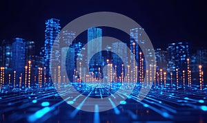 Futuristic city skyline with glowing blue lights and digital data visualization
