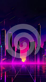 A futuristic city skyline with neon lights at night. Generative AI image.