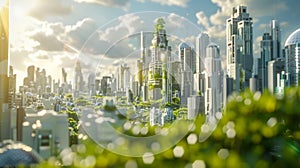 A futuristic city skyline powered entirely by biofuels symbolizing the potential for sustainable energy to transform our