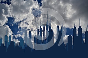 Futuristic city skylines on blue sky