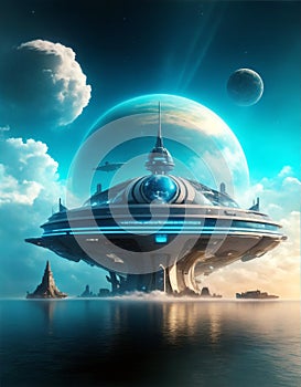 Futuristic city and space base on alien planet with ocean, generative ai illustration