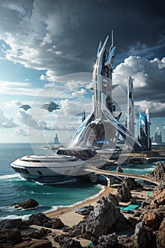 Futuristic city and space base on alien planet with ocean, generative ai illustration