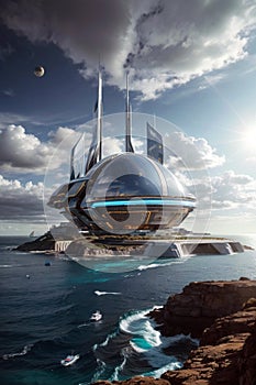 Futuristic city and space base on alien planet with ocean, generative ai illustration, science fiction scenery