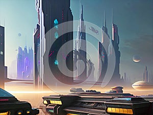 Futuristic city and space base, science fiction scenery, generative ai illustration, these depiction is fictitious and generated