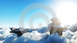 Futuristic city station on the clouds. Flying futuristic ships. Concept of future. 3d rendering.