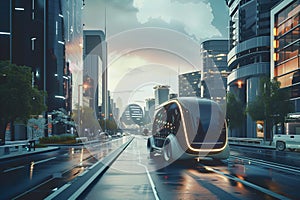 A futuristic city street with a black car driving down the road