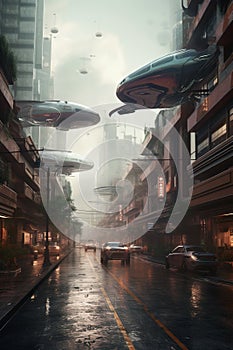 Futuristic city street, cars driving on cyberpunk urban road, generative AI