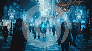 Futuristic city street with digital facial recognition technology and diverse pedestrians