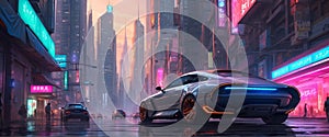 Futuristic city street. Sports super car concept racing in downtown. Expensive luxury auto