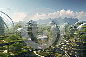 A Futuristic City Surrounded by Trees and Mountains