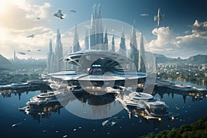 Futuristic City Surrounded by Water and Mountains, Create a futuristic cityscape of AsunciÃƒÂ³n, where drones and flying cars