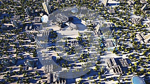 Futuristic city, town. Architecture of the future. Aerial view. 3d rendering.