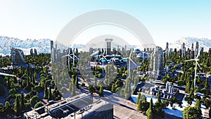 Futuristic city, town. Architecture of the future. Aerial view. 3d rendering.