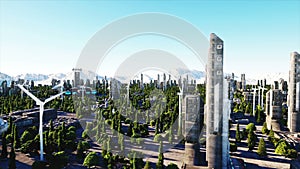 Futuristic city, town. Architecture of the future. Aerial view. Super realistic 4k animation.