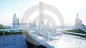 Futuristic city, town. The concept of the future. Aerial view. 3d rendering.