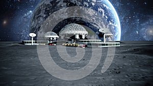 Futuristic city, town on moon. The space view of the planet earth. 3d rendering