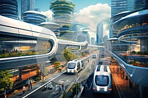 Futuristic City With Two Trains on Tracks, The Future of Mobility, Innovative Transportation Systems and Advanced Technologies for