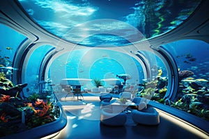 A futuristic city underwater at the bottom of the ocean