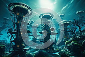 A futuristic city underwater at the bottom of the ocean