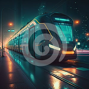 In a futuristic city, urban mobility of the future includes trams, metros, and subways. AI