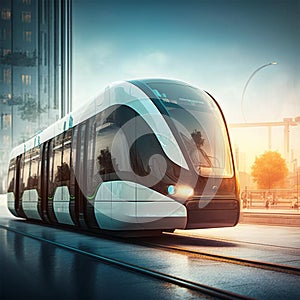 In a futuristic city, urban mobility of the future includes trams, metros, and subways. AI photo