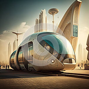 In a futuristic city, urban mobility of the future includes trams, metros, and subways. AI photo