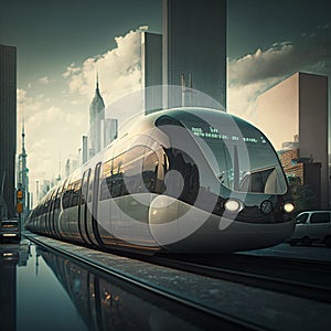 In a futuristic city, urban mobility of the future includes trams, metros, and subways. AI photo