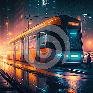 In a futuristic city, urban mobility of the future includes trams, metros, and subways. AI photo