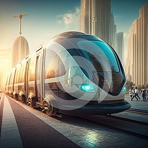 In a futuristic city, urban mobility of the future includes trams, metros, and subways. AI photo