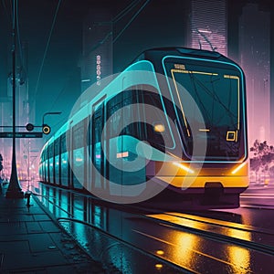 In a futuristic city, urban mobility of the future includes trams, metros, and subways. AI photo