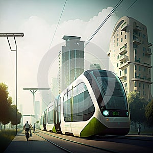 In a futuristic city, urban mobility of the future includes trams, metros, and subways. AI photo