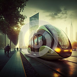 In a futuristic city, urban mobility of the future includes trams, metros, and subways. AI photo