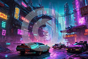 Futuristic city vibes cyberpunk skyscrapers and cars