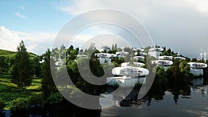 La città comune. da futuro. vista aerea.  un'immagine tridimensionale creata utilizzando un modello computerizzato 