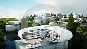 Futuristic city, village. The concept of the future. Aerial view. Realistic 4k animation.