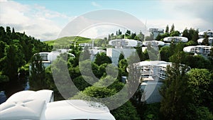 Futuristic city, village. The concept of the future. Aerial view. Realistic 4k animation.