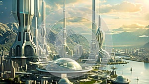 Futuristic City With Water and Mountain Surroundings, Futuristic city implementing biotechnology strategies