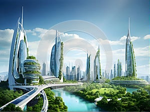 Futuristic city with water, trees, skyscrapers, and urban design