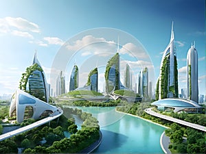 Futuristic city with water, trees, skyscrapers, and urban design
