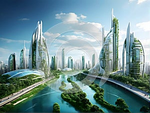 Futuristic city with water, trees, skyscrapers, and urban design