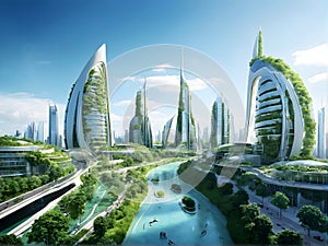 Futuristic city with water, trees, skyscrapers, and urban design