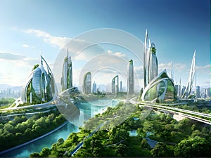 Futuristic city with water, trees, skyscrapers, and urban design