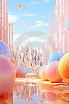 Futuristic citycsape in 3d style with pastel balloons on the streets. Easter and spring celebration