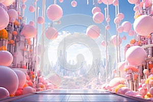 Futuristic citycsape in 3d style with pastel balloons on the streets. Easter and spring celebration