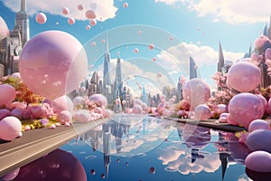 Futuristic citycsape in 3d style with pastel balloons on the streets. Easter and spring celebration