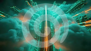 Futuristic cityscape abstract with cloud computing data stream