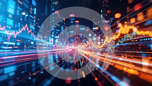 Futuristic Cityscape with Abstract Financial Data Visualization