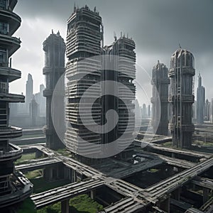 A futuristic cityscape with an array of towering, dilapidated skyscrapers.